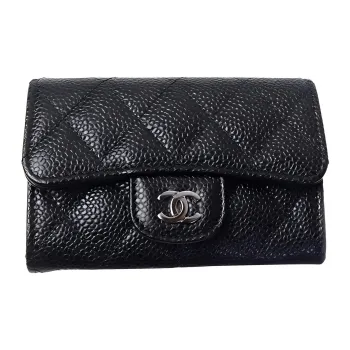 CHANEL Litchi Grain Cow Leather Card Holder, Wallet Mini Women's Black