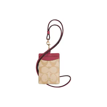 COACH Lanyard Coated Canvas With Leather Card Holder Mini Women's Floral Brown With Rouge Red Accents