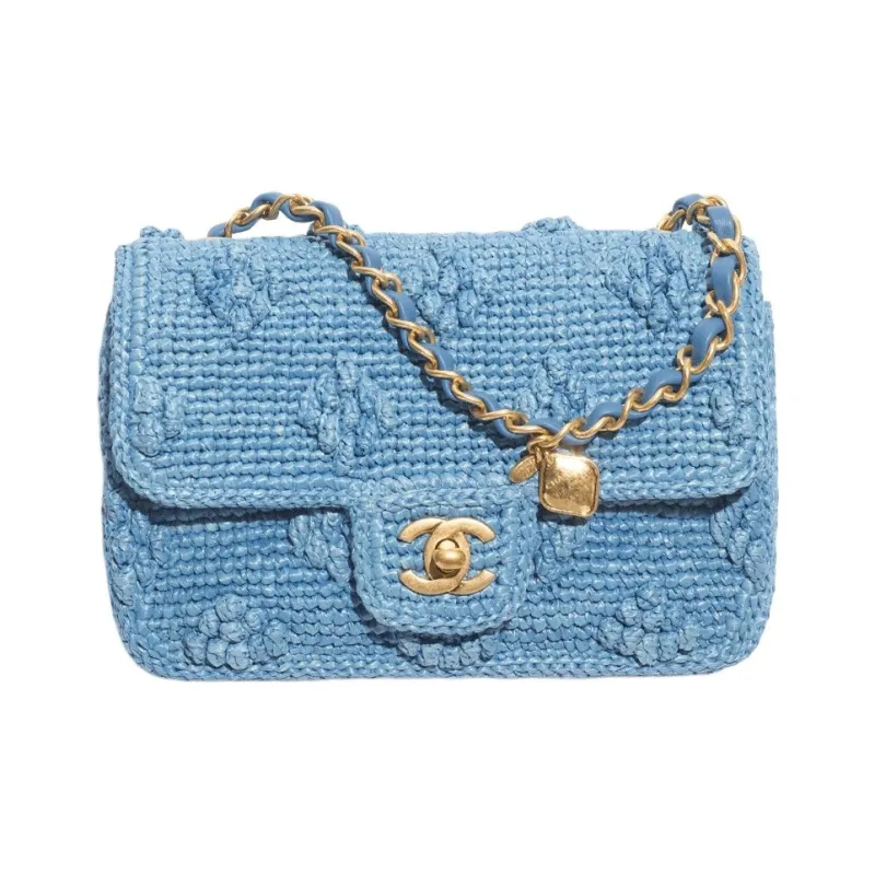 CHANEL Raffia Effect Woven Shoulder Bag, Crossbody Bag Mini Women's Blue-0
