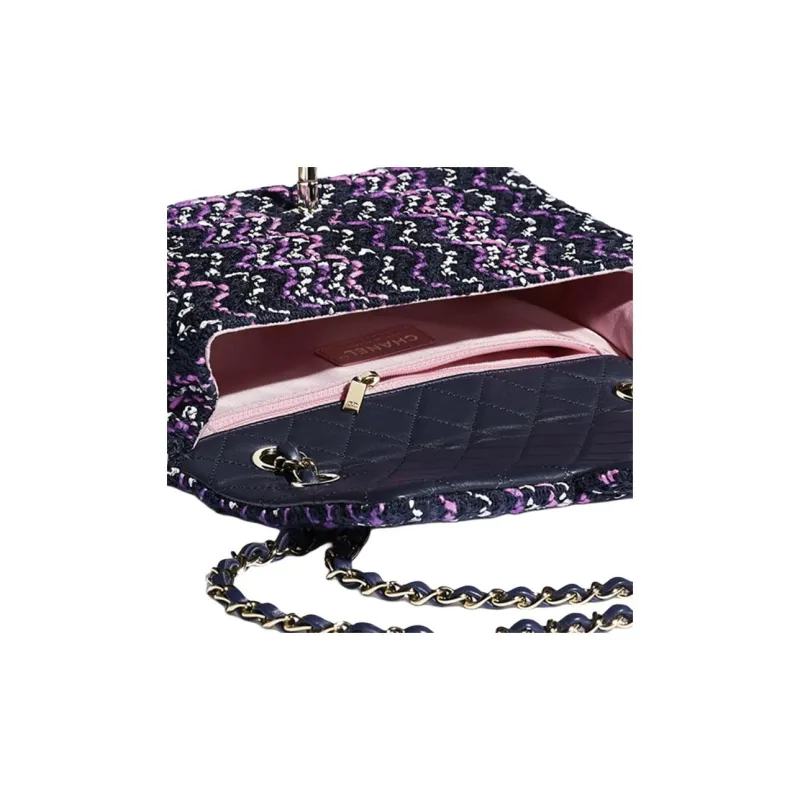 CHANEL Woven Cotton & Metal Flap Bag, Handle Chain, Shoulder Bag Women's Purple & Marine Blue & Pink-3