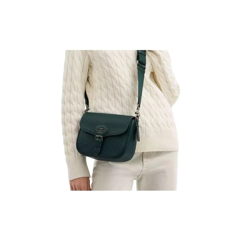 COACH Amelia Pebble Leather Saddle Bag, Shoulder Bag Medium Size Women's Green-3