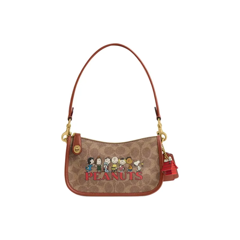 COACH PEANUTS Snoopy, Collaboration SwingerSignature Coated Canvas One Shoulder Handbag Trumpets Women's Brown-0