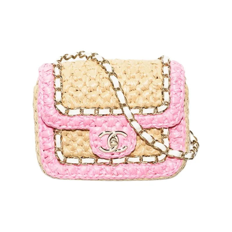 CHANEL Raffia Fiber With Lambskin Shoulder Bag, Crossbody Bag With Flap Mini Women's Pink & Beige-1