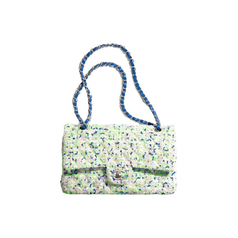 CHANEL 23P Spring And Summer Classic Flap CF Tweed Flap Bag, Crossbody Bag, Shoulder Bag Mini Women's Blue/Green-0