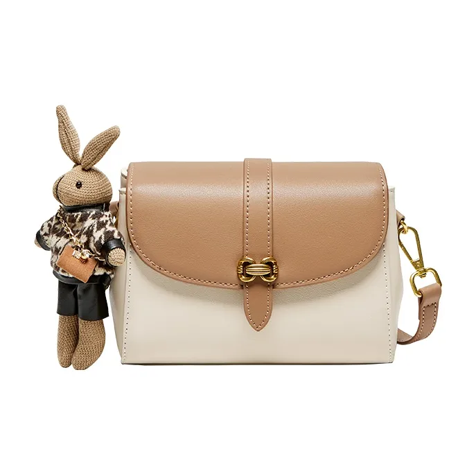 Narandu Cow Leather Patchwork Synthetic Leather Small Square Bag Crossbody Bags Small Size Women's Ecru & Apricot/Brown-0