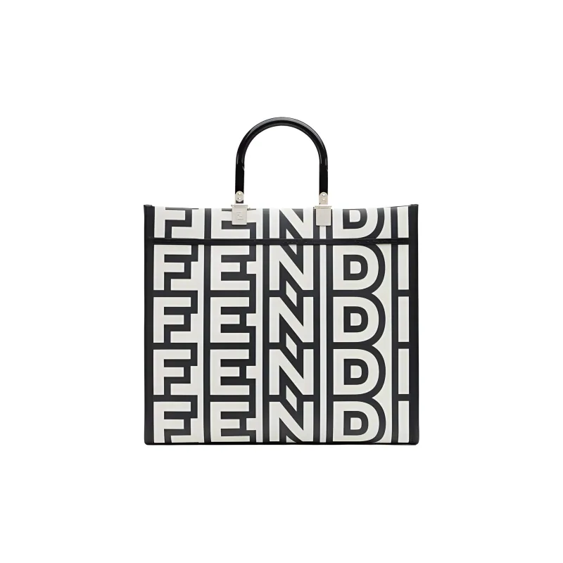 FENDI Sunshine Cow Leather Tote Bag, Shopping Bag, Shoulder Bag, Crossbody Bag, Handbag Medium Size Women's White/Black-0