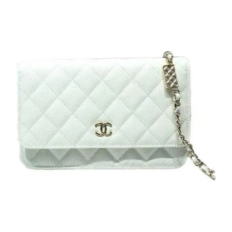 CHANEL WOC Embossed Grain Cow Leather Wallet On Chain Shoulder Bag, Crossbody Bag Mini Women's White-0