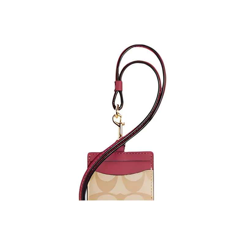 COACH Lanyard Coated Canvas With Leather Card Holder Mini Women's Floral Brown With Rouge Red Accents-2