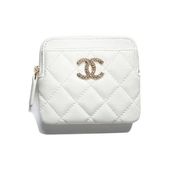 CHANEL Shiny Beaded Embossed Calfskin Coin Purse Women's White-0