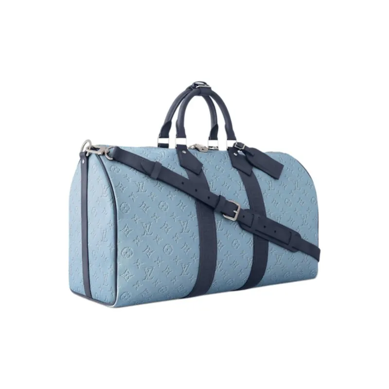 LOUIS VUITTON Keepall Denim One Shoulder Crossbody Handbag, Travel Bag Unisex Blue Denim Blue-1