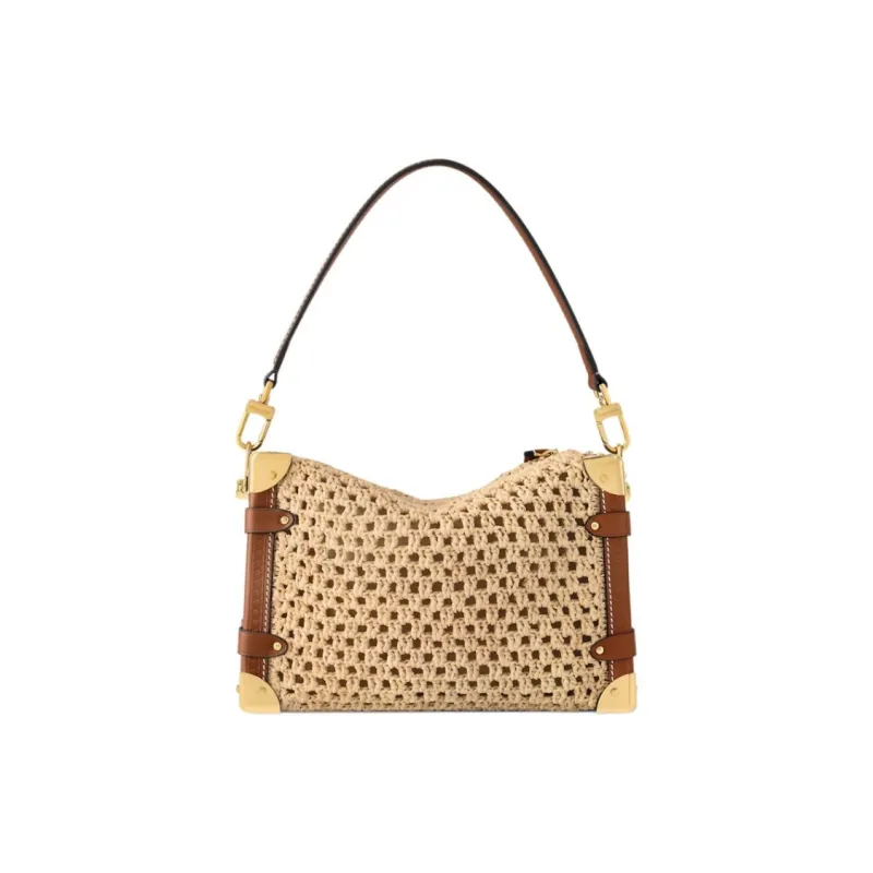 LOUIS VUITTON SIDE TRUNK Raffia One Shoulder Handbag Medium Size Women's Beige-2