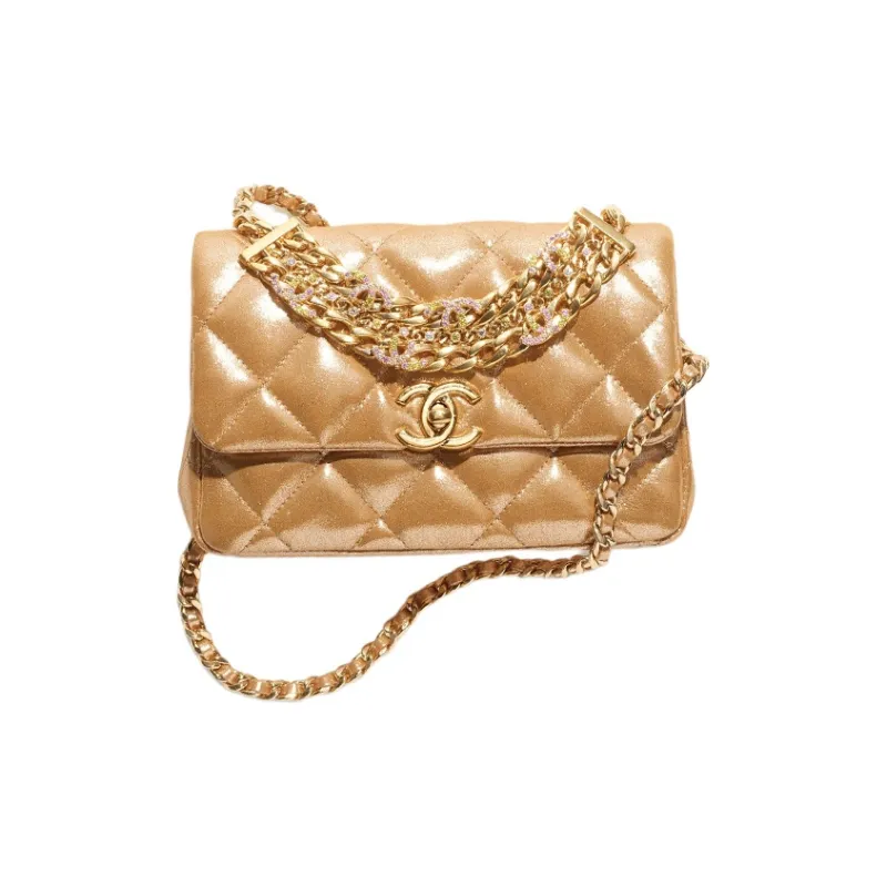 CHANEL Metal Texture Calfskin Flap Bag, Shoulder Bag, Crossbody Bag Mini Women's Gold-0