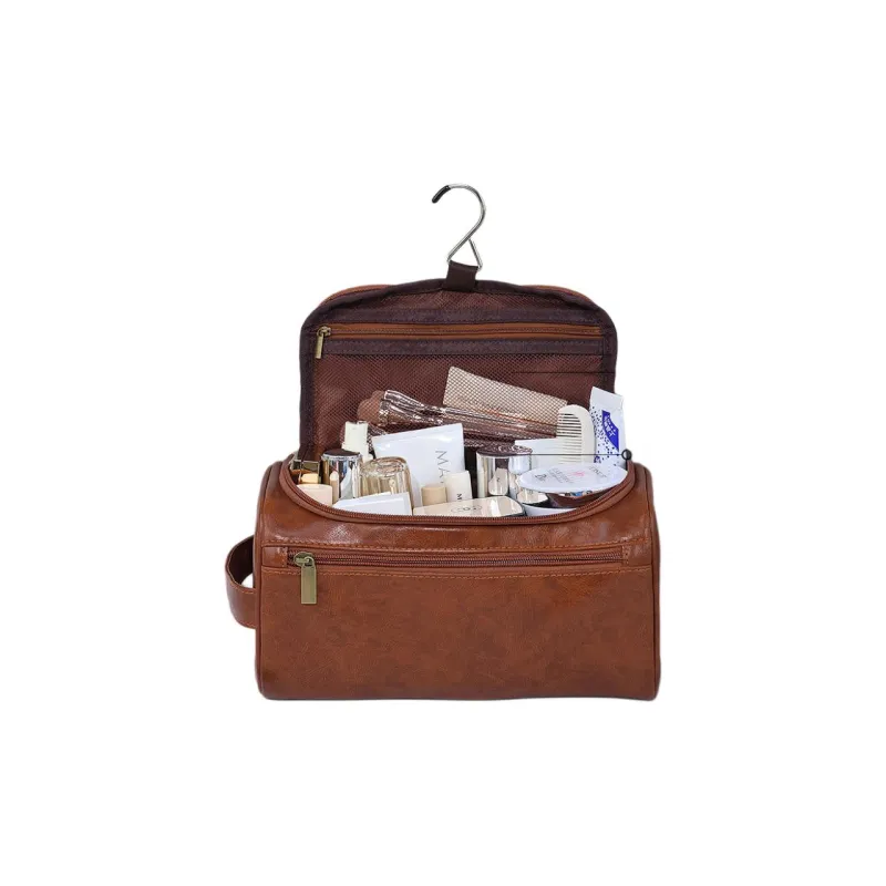 LETOO Polyurethane Toiletry Bag, Travel Storage Bag Unisex Brown/Tea Brown/Beige/Black-1