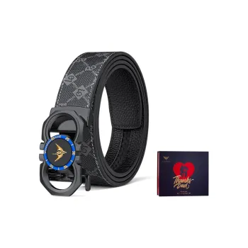 WilliamPOLO PVC Leather Belts Men's Gunmetal Buckle Blue Logo Width 3.5cm