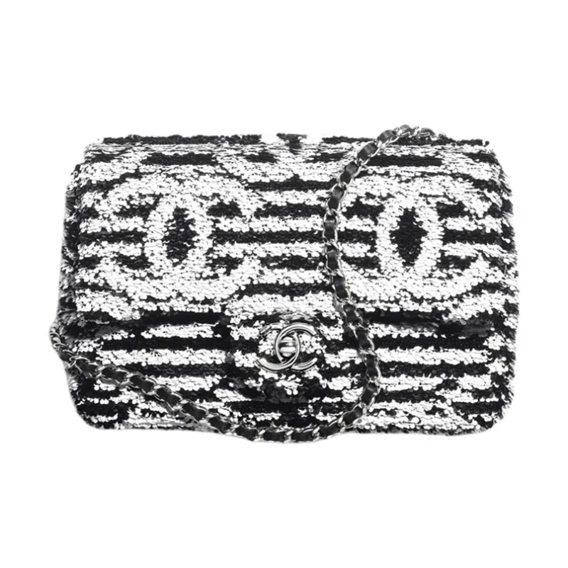 CHANEL Sequins Flap Bag, Crossbody Bag, Shoulder Bag Trumpets Women's Black & White-1