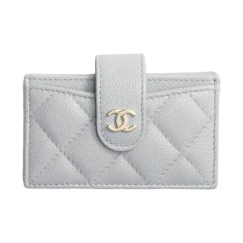 CHANEL Litchi Grain Calfskin Card Holder Women's Gray