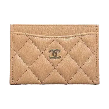 CHANEL Grain Litchi Grain Cow Leather Card Holder Women's Caramel