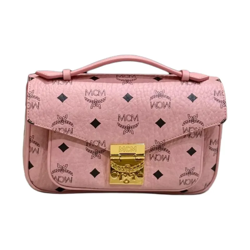 MCM Tracy Visetos Artificial Leather Shoulder Bag, Crossbody Bag, Handbag Medium Size Women's Pink-0