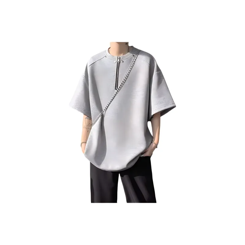 Wooden Rabbit Casual Trendy Brand Half Zip Niche Design Minimalist Style Loose Fit Elbow Length Sleeved Men's-3