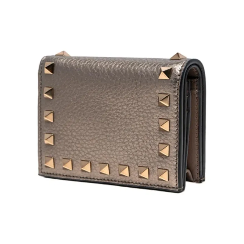 Valentino Rockstud Cow Leather Wallet Unisex Gold-1