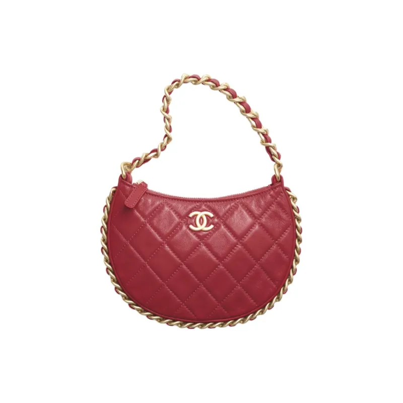 CHANEL Shiny Wrinkle Lambskin One Shoulder Handbag Women's Red-0