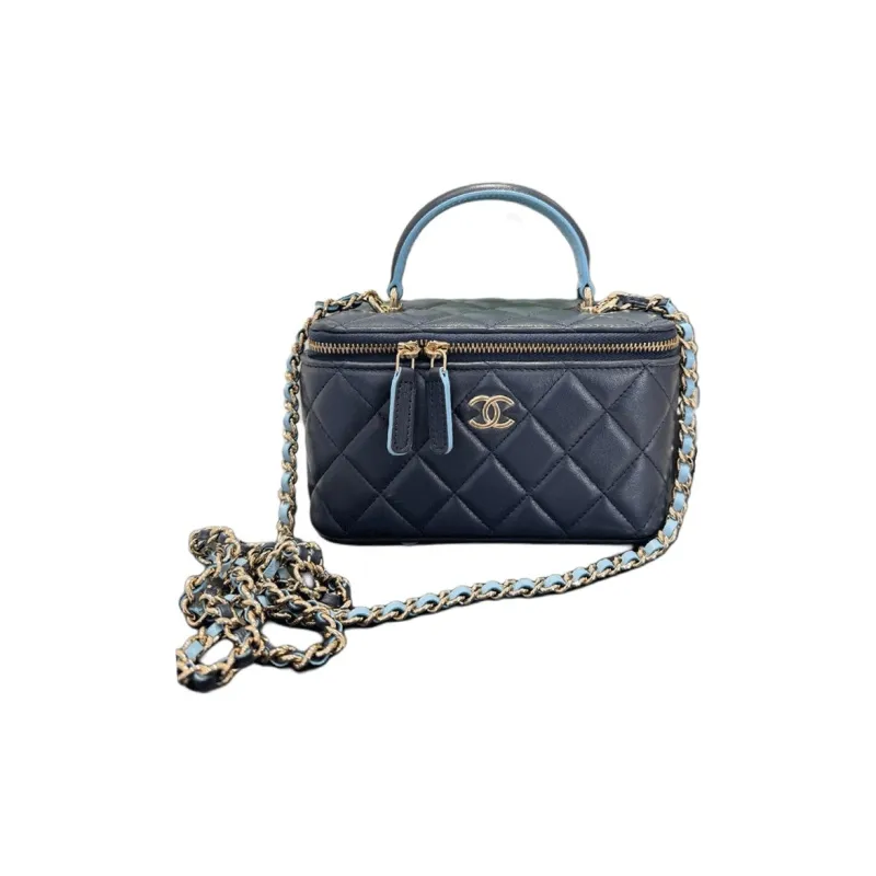 CHANEL Sheepskin With Leather Controller Makeup Bag, Handbag, Shoulder Bag, Crossbody Bag Women's Blue-0