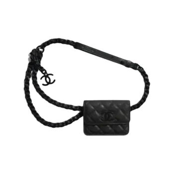 CHANEL Grain Calfskin And Metal Paint Business Card Holder Waist Chain Fanny Pack Women's Black
