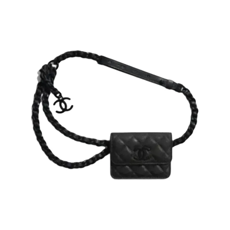 CHANEL Grain Calfskin And Metal Paint Business Card Holder Waist Chain Fanny Pack Women's Black-0