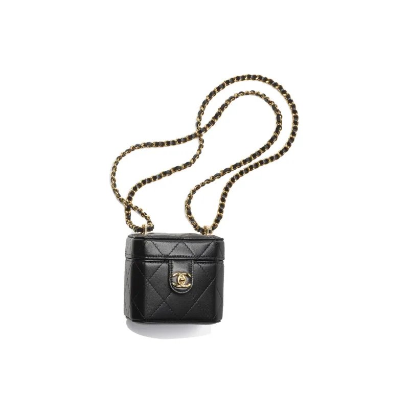 CHANEL Sheepskin Makeup Box Small Square Bag, Crossbody Bag, Shoulder Bag Women's Black-0