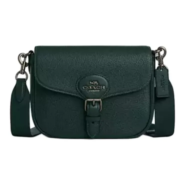 COACH Amelia Pebble Leather Saddle Bag, Shoulder Bag Medium Size Women's Green-0