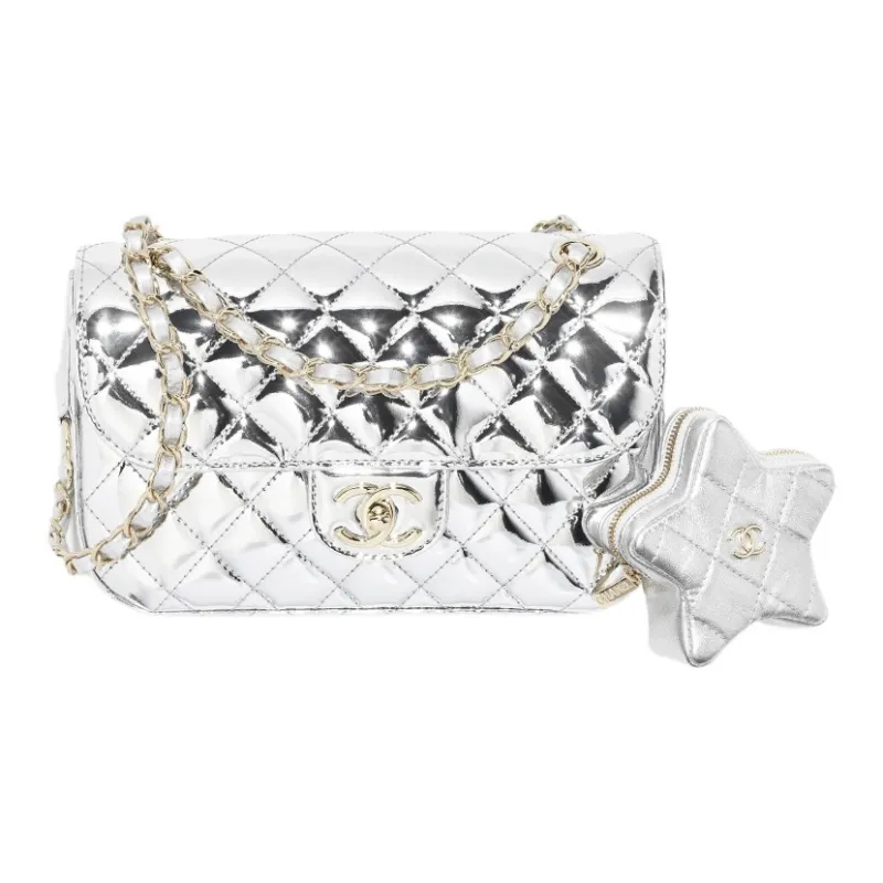 CHANEL Metal Texture Mirror Finish Calfskin With Lambskin Accents Shoulder Bag, Crossbody Bag Women's Silver-0