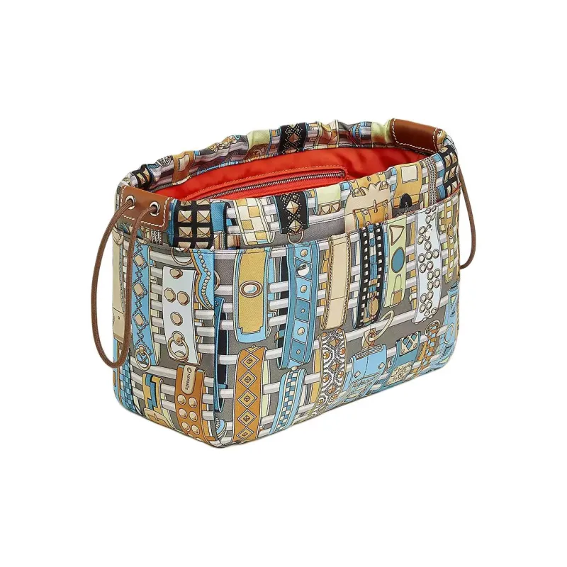 HERMES Fourbi Silk With Barenia Calfskin Detail Handbag Women's Meyer Gray & Paradise Blue & Deer Color-0