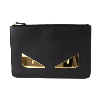 FENDI Cow Leather Clutch Men's Black/Silver White