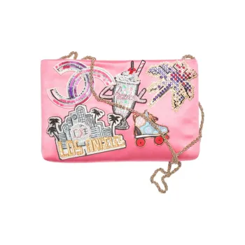 CHANEL Embroidered Silk Satin Sequins Evening Clutch Bag Women's Pink & Multicolor
