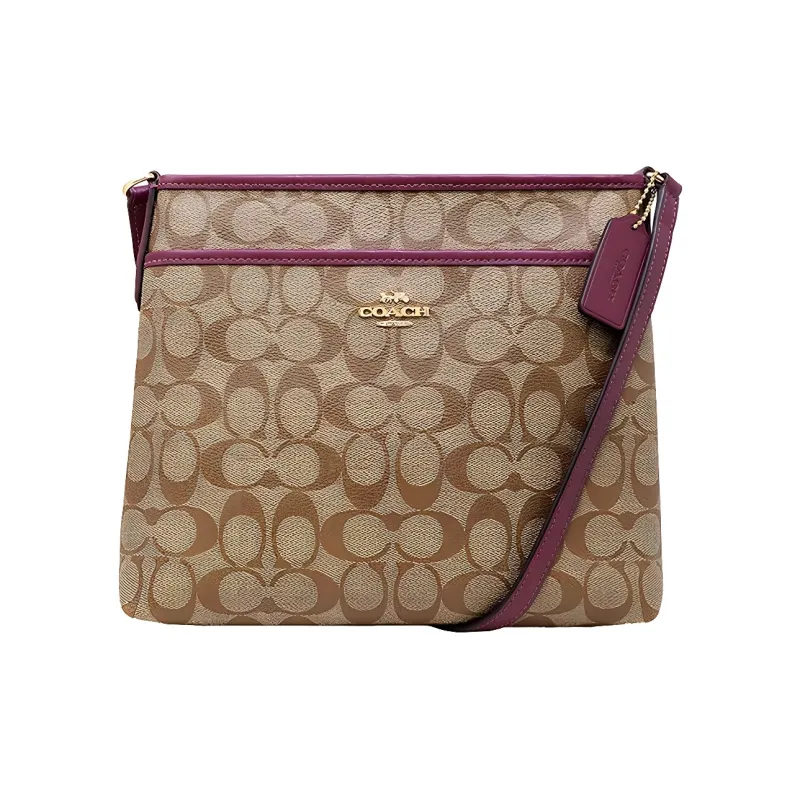 COACH File Canvas Shoulder Bag Medium Size Women's Khaki, Brown, Plum, Multicolor-0