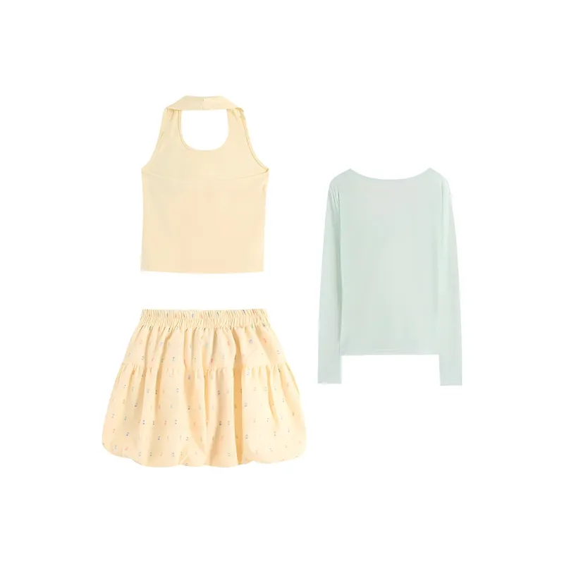 / Two Piece Skirt Sets Women's Image Color Tulip Skirt+Yellow Tank Top+Green Cover Up-1