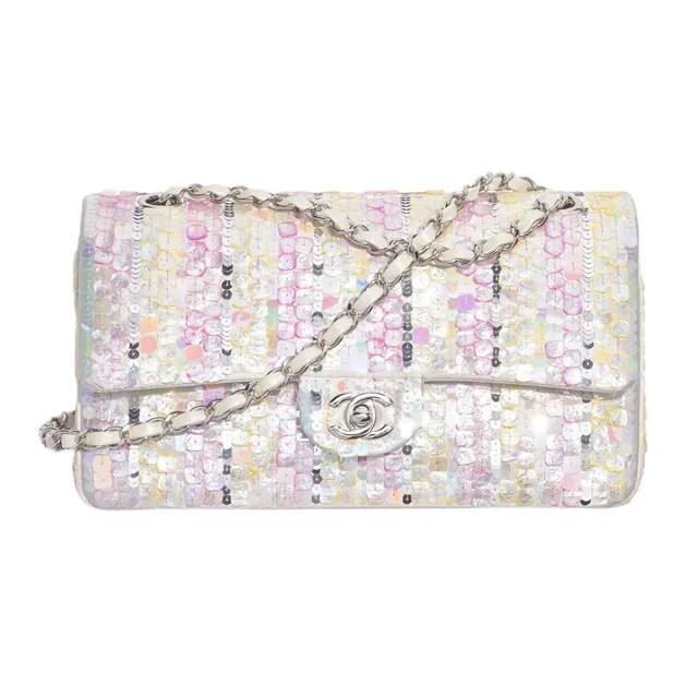 CHANEL Classic Flap CF Embroidered Brocade Shoulder Bag Crossbody Bag Handbag Women's Silver/Medium Pink/Medium Yellow-0