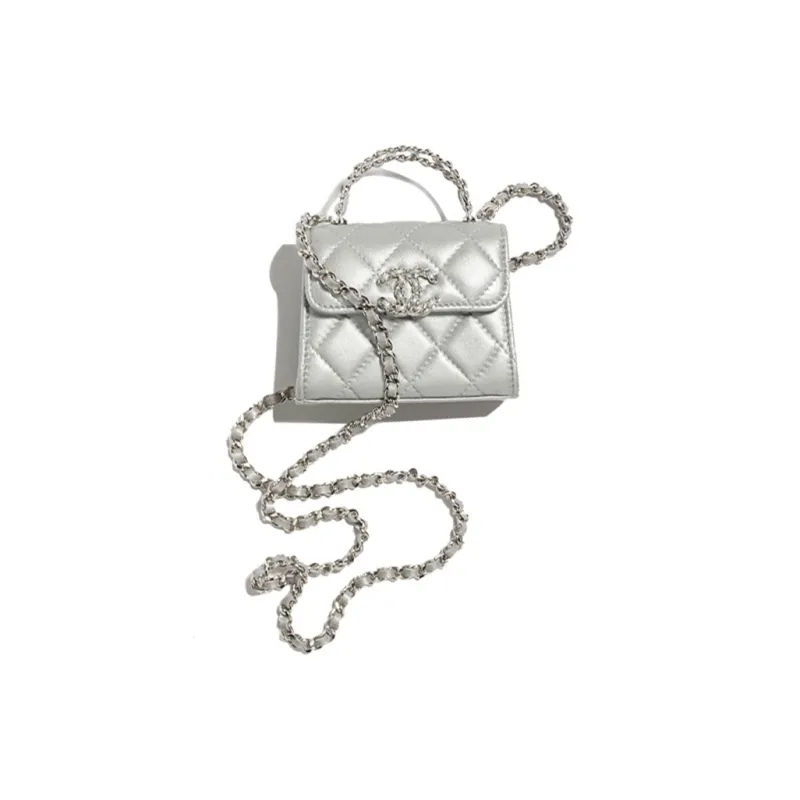 CHANEL Metal Texture Sheepskin One Shoulder Crossbody Clutch Women's Silver-0