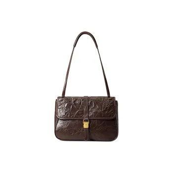 HONGU Cow Leather Shoulder Bag Messenger Bag Medium Size Women's Pitch Black/Cocoa Brown