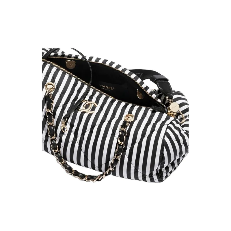 CHANEL Printed Fabric And Metal Bowling Bag, Handbag, Shoulder Bag Women's White & Black-2