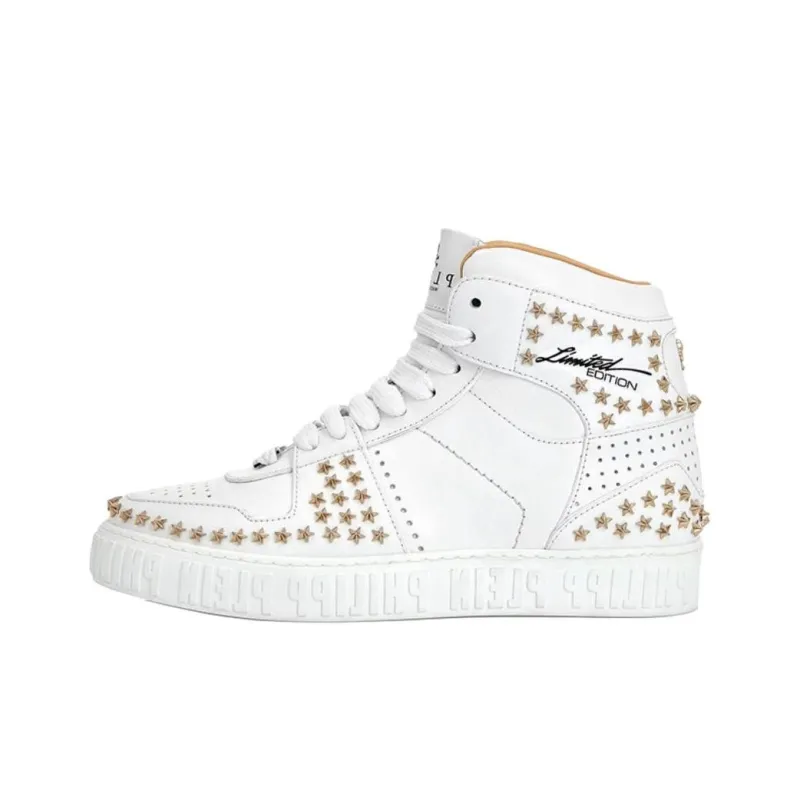 PHILIPP PLEIN High Top Skateboard Shoes Unisex White Gold-0