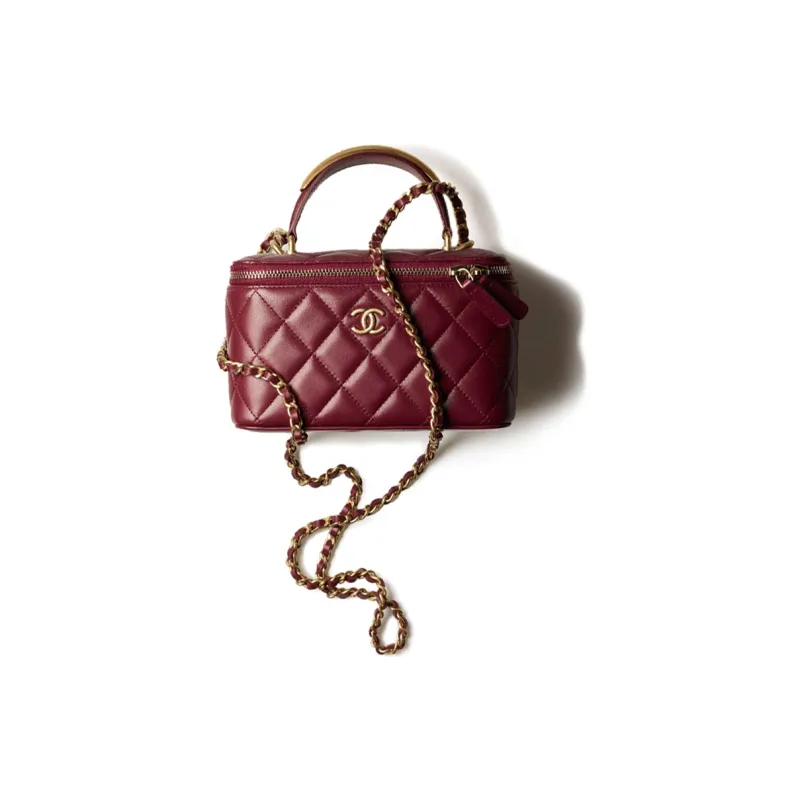 CHANEL Sheepskin Metal Makeup Bag Handbag, Shoulder Bag, Crossbody Bag Women's Burgundy-0
