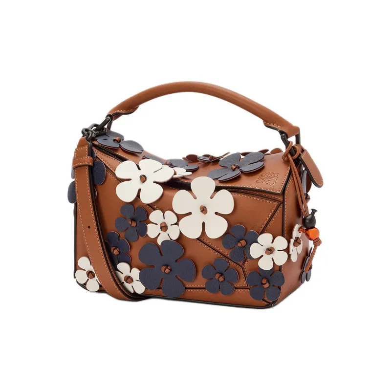 LOEWE Puzzle Classic Cow Leather Shoulder Bag, Crossbody Bag, Handbag Trumpets Women's Tan & Blue-0