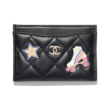 CHANEL Lambskin Enamel Card Holder Women's Black