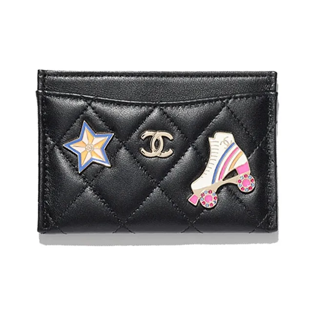 CHANEL Lambskin Enamel Card Holder Women's Black-0