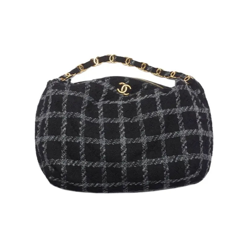 CHANEL 22K Autumn And Winter Wool Blended With Soft Woolen Hobo Bag, Handbag Extra Large Women's Black Gray-0