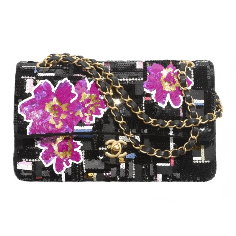 CHANEL Classic Flap CF Embroidery Portable Crossbody Bag, Shoulder Bag Women's Black & Multicolor-0