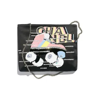 CHANEL Embroidered Silk Satin Sequins Evening Clutch Bag Regular Women's Black