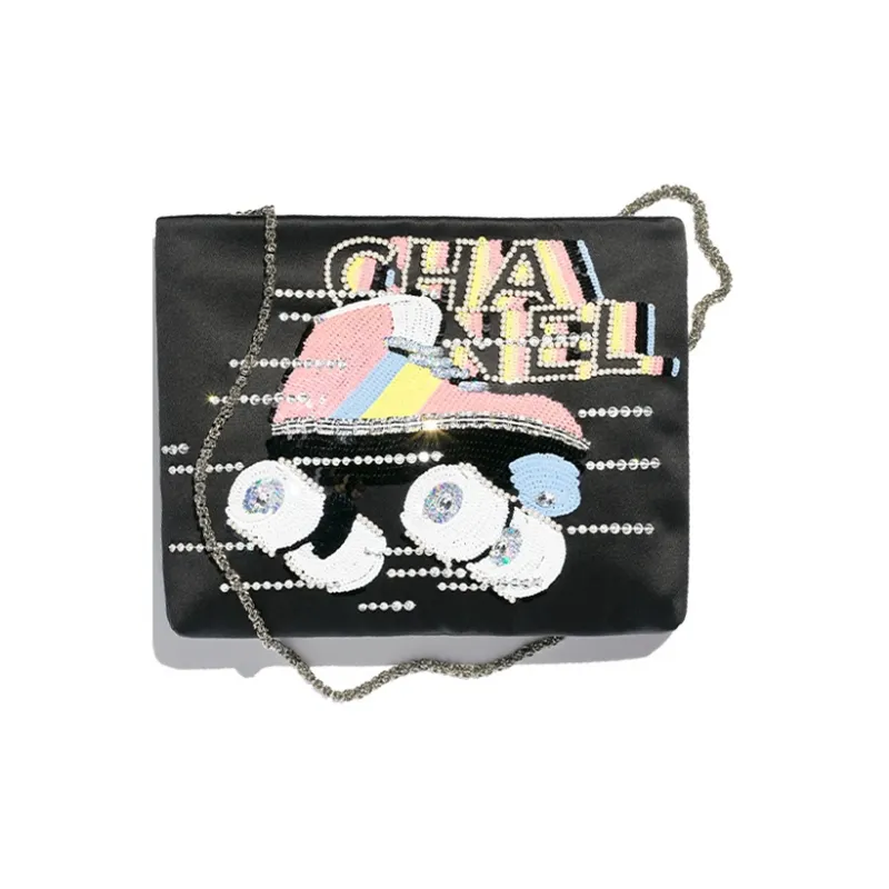 CHANEL Embroidered Silk Satin Sequins Evening Clutch Bag Regular Women's Black-0