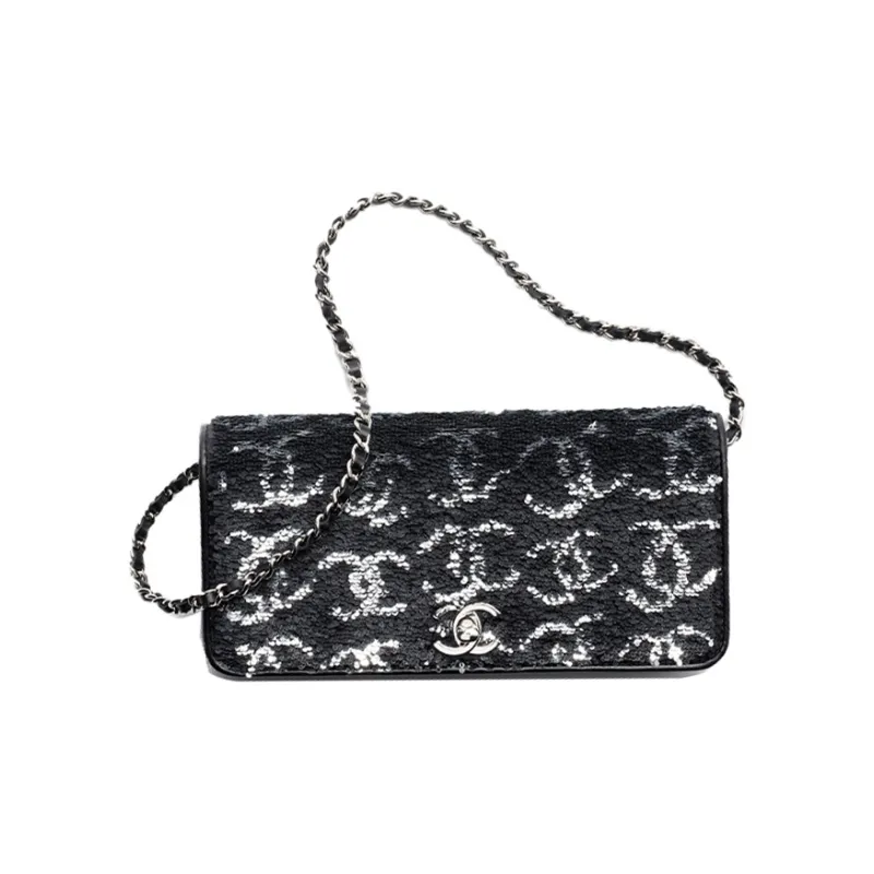 CHANEL Sequins Evening Bag Handbag, Shoulder Bag Trumpets Women's Black & Silver-4